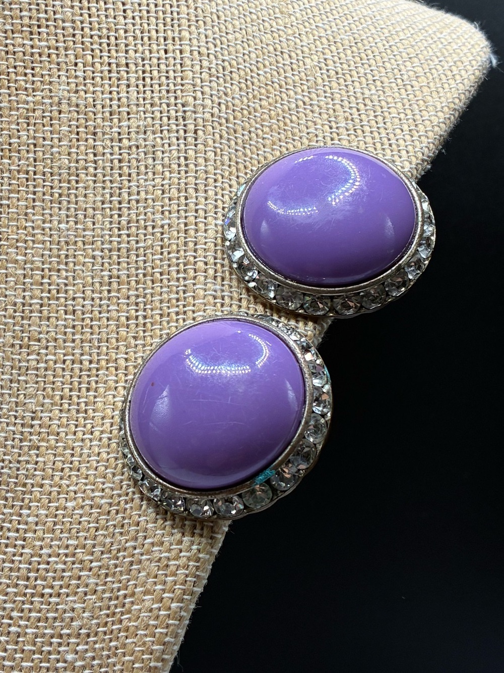 Vintage Lavender Acrylic & Crystal Dome Clip-On Earrings. Definite wear and tear